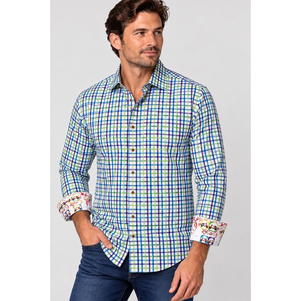 Robert Graham Mens XL Plaid Button Down Shirt Scooter Cuffs Colorful Preppy Boho